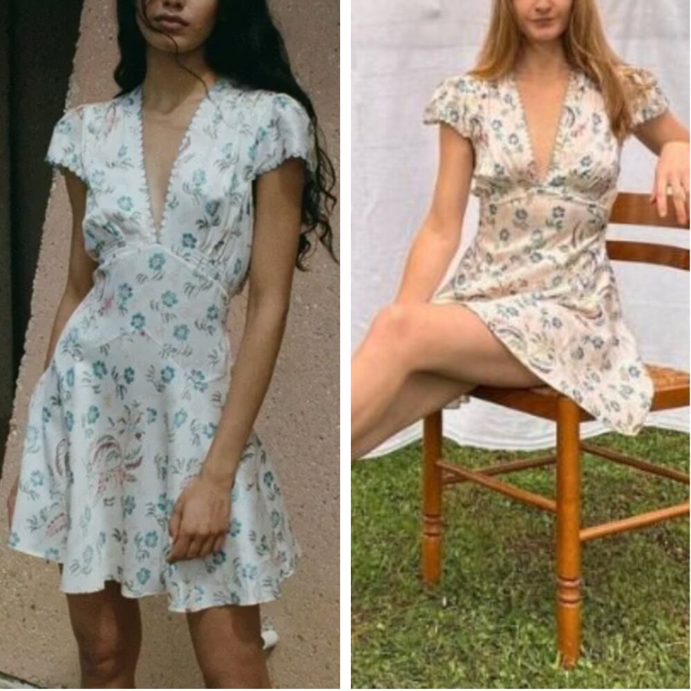Doen Dianne Mini Dress - Hollyhock Hills Blue Ivory Floral Silk V Neck